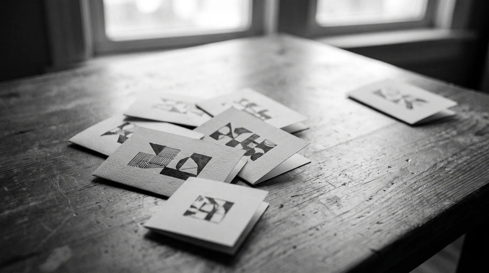 Mehrere gedruckte Tischkarten mit QR-Code liegen verstreut auf einem Tisch, eine davon abseits.