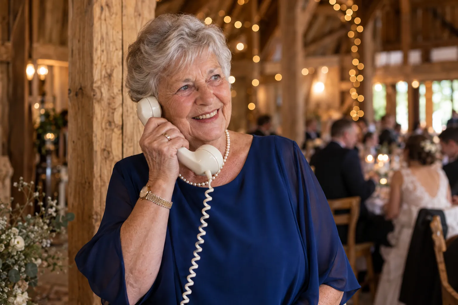 Eine ältere Hochzeitsgästin hält lächelnd einen weißen Telefonhörer ans Ohr, im Hintergrund Lichterketten