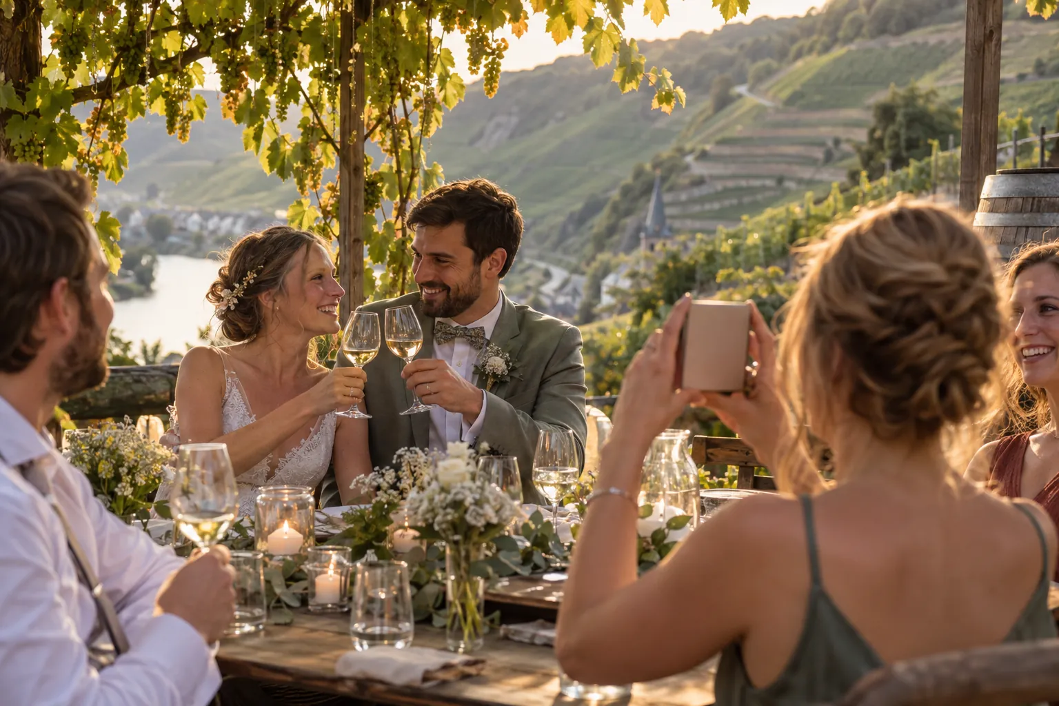 Hochzeitsgäste an einer langen Tafel unter Weinreben an der Mosel, eine Freundin fotografiert das Brautpaar beim Anstoßen