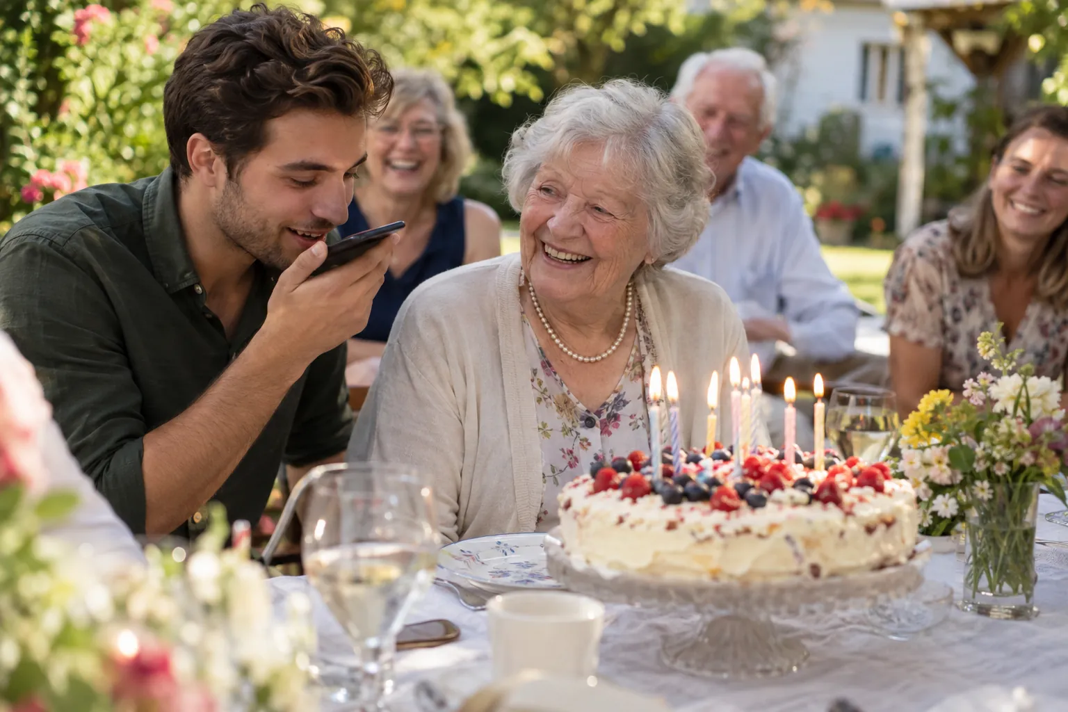 Ein Enkel spricht beim 80. Geburtstag seiner Großmutter eine Sprachnachricht ins Handy, vor ihr eine Torte mit Kerzen