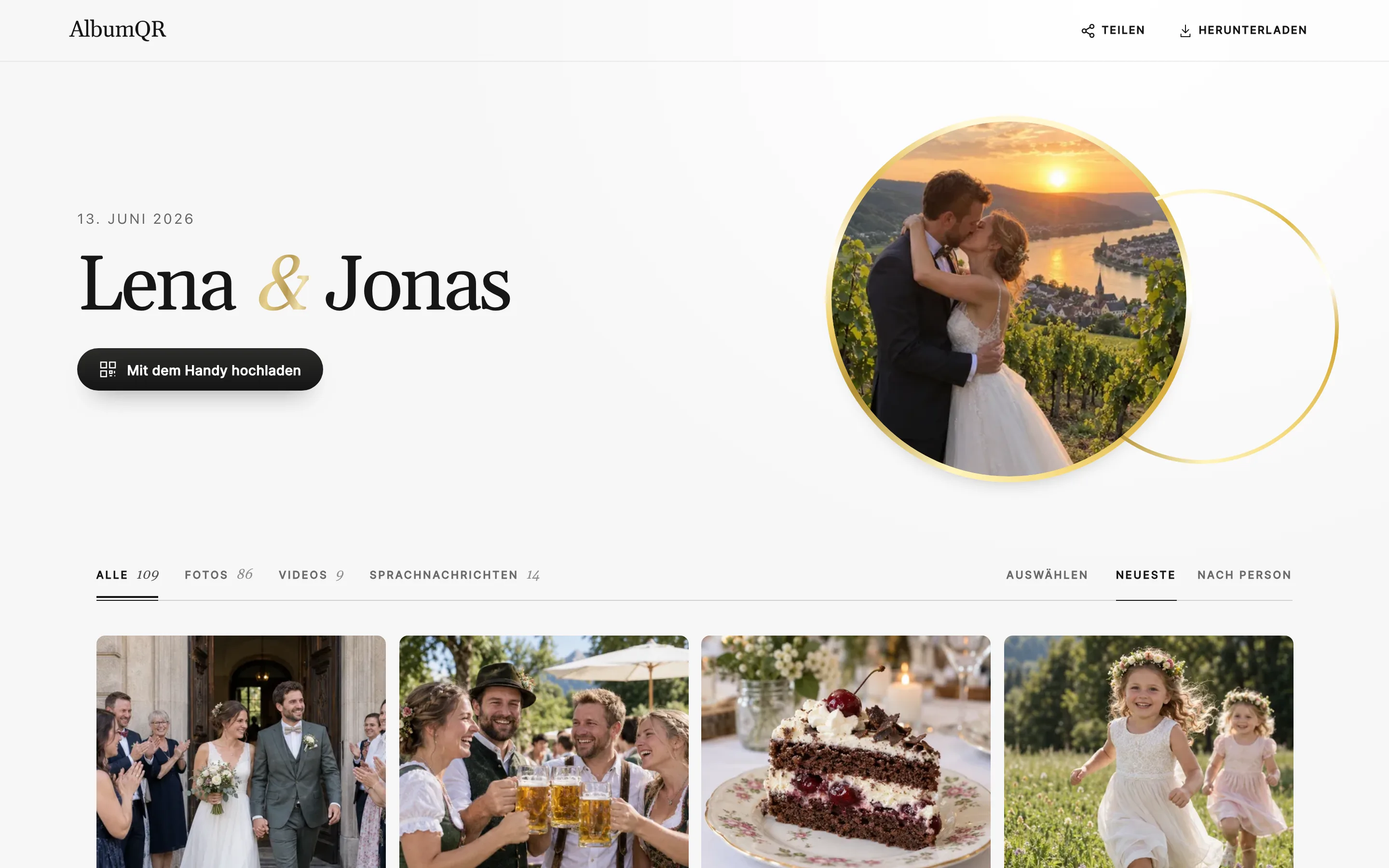 Beispiel-Gästealbum von Lena & Jonas am Laptop, mit Reitern für Fotos, Videos und Sprachnachrichten