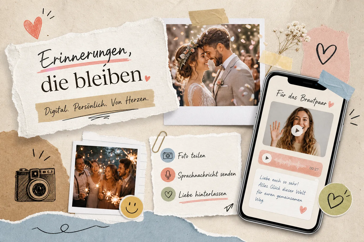 Hochzeitscollage mit Brautpaar, Gästefotos und einer illustrierten Foto- und Sprachnachricht auf einem Handy