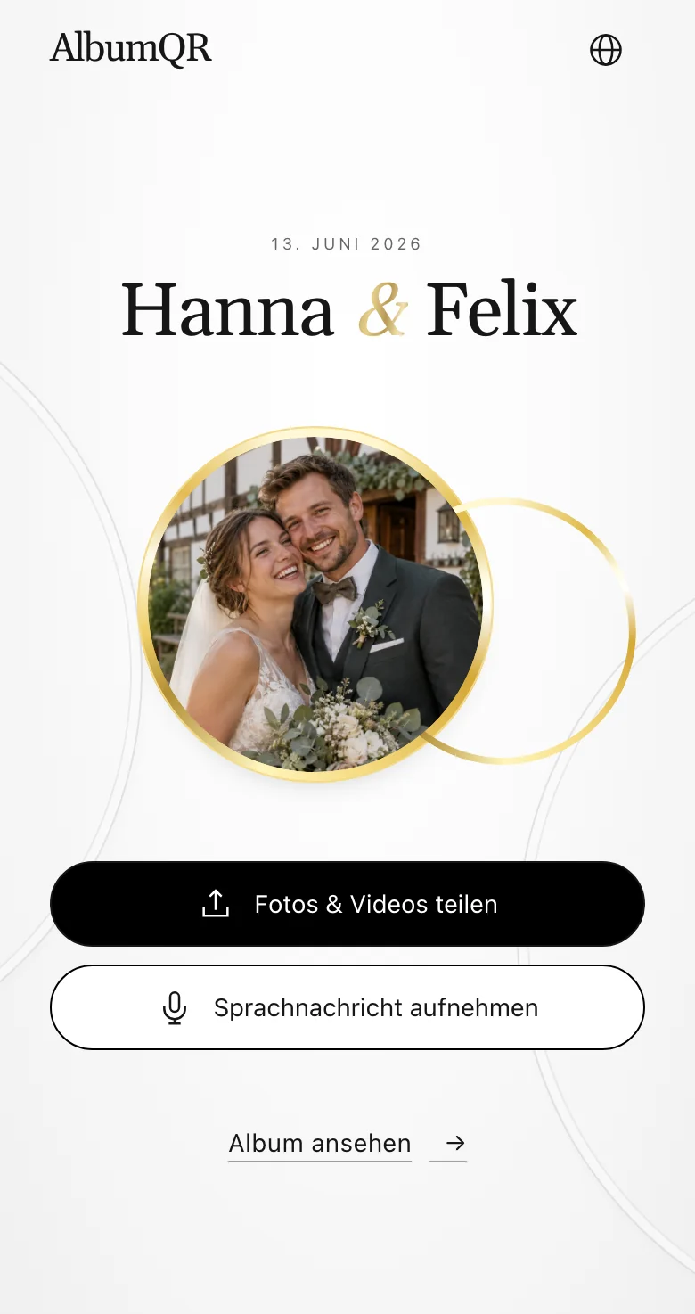 Gästeseite im Design Union am Handy mit dem Knopf „Fotos & Videos teilen“